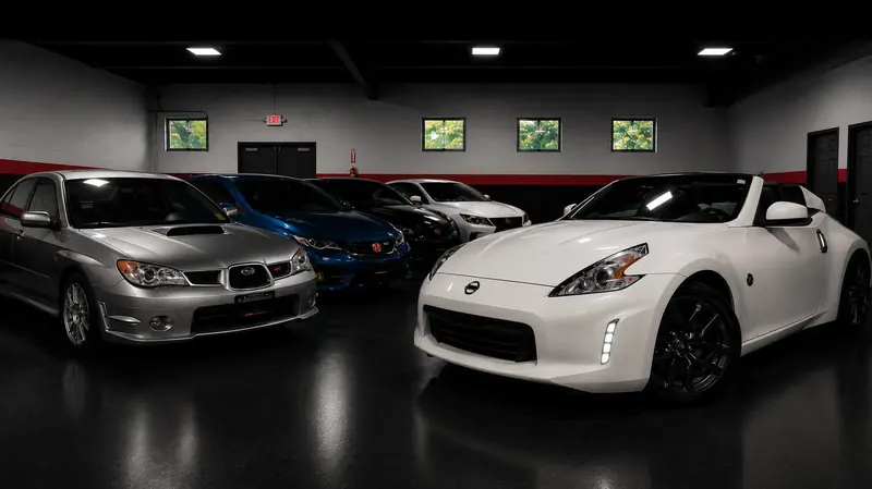 Indoor used car showroom at AR Motorsports in Bay Shore, NY
