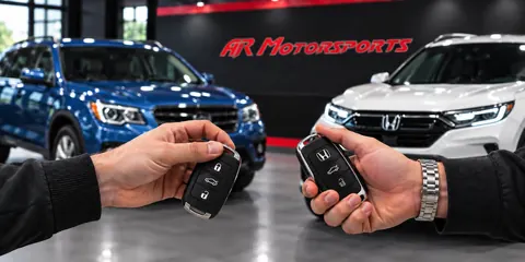 Entregando un auto usado como trade-in en el showroom de AR Motorsports en Bay Shore, NY