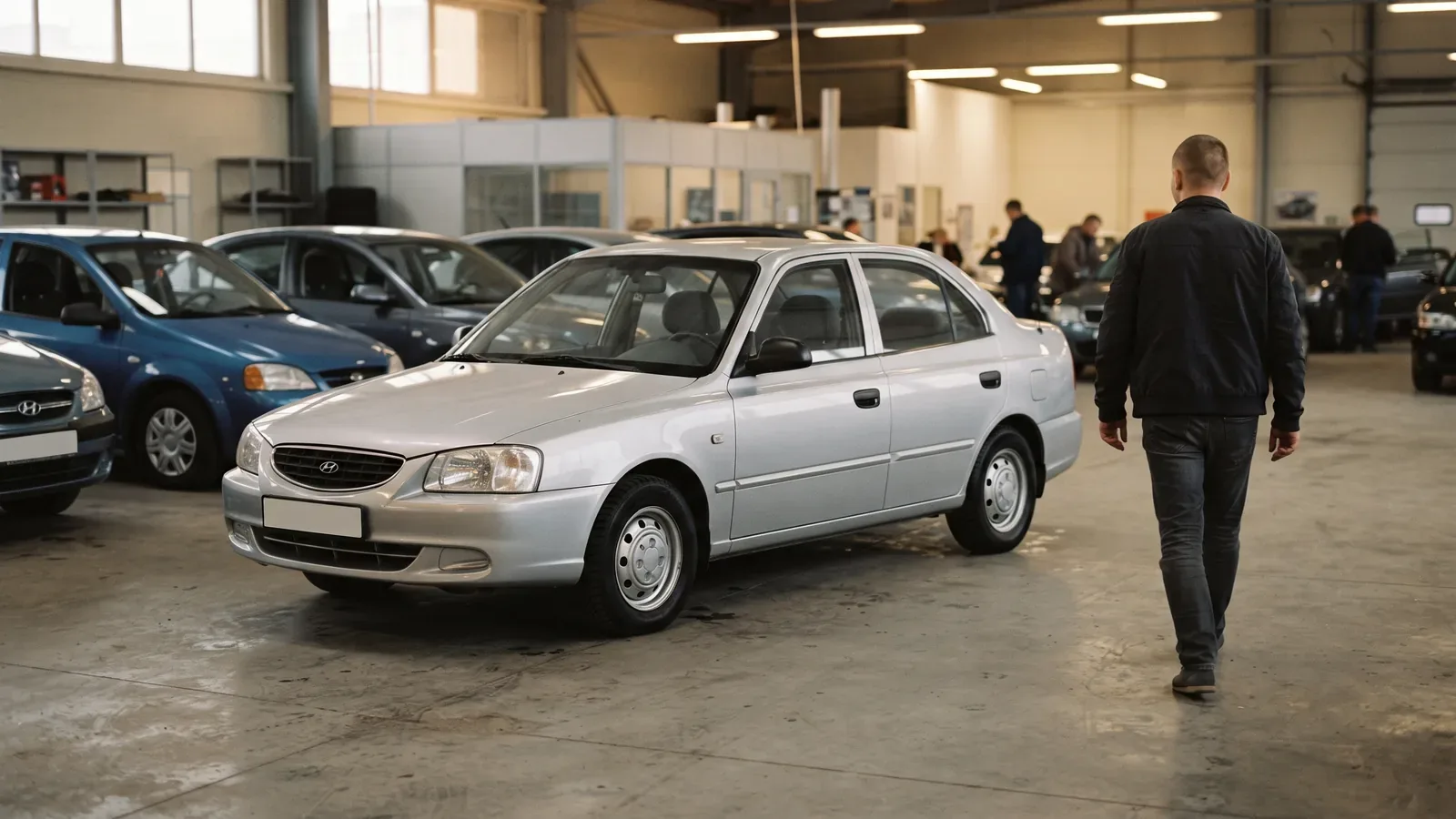 A clean older silver sedan on an indoor showroom floor