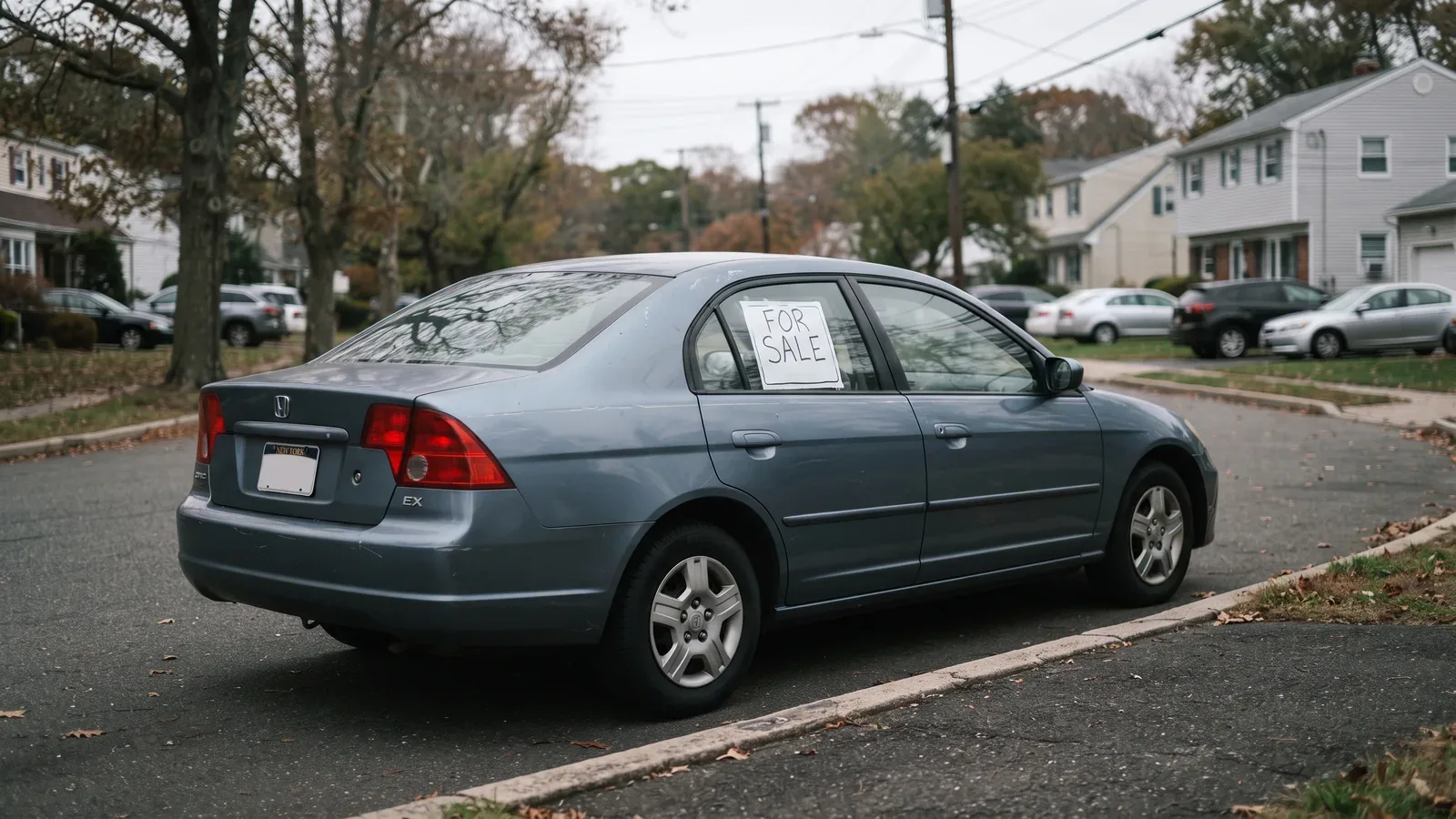 A used car parked on a suburban street with a handwritten for sale sign in the window, overcast daylight, photorealistic.