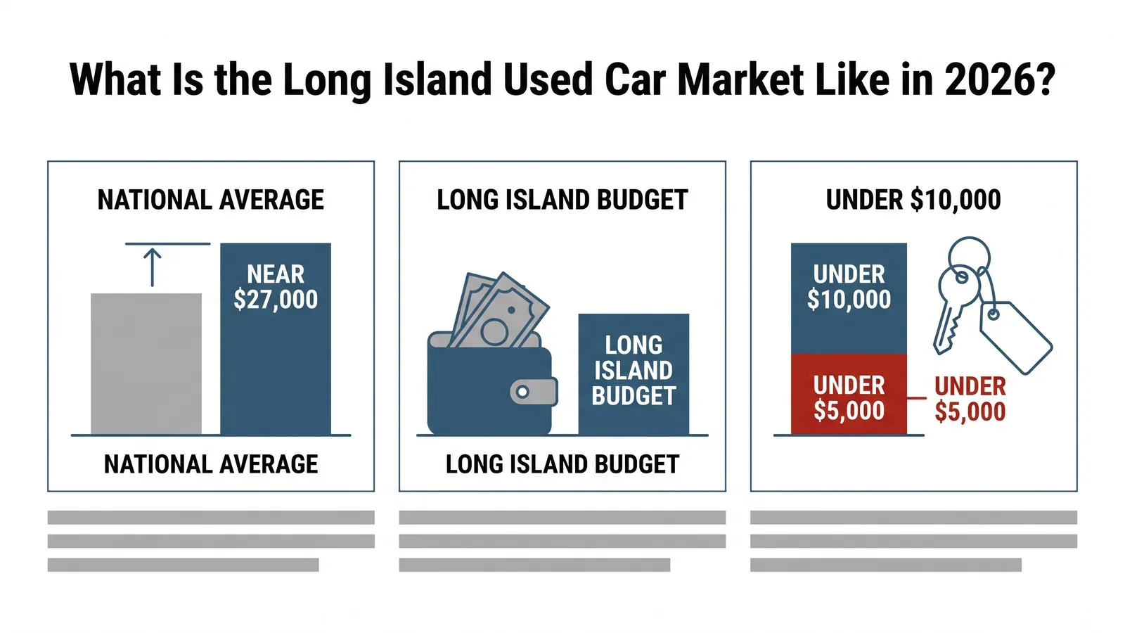 Chart comparing the national average used listing price near $27,000 against typical Long Island budget bands under $10,000 and under $5,000, navy and red flat design
