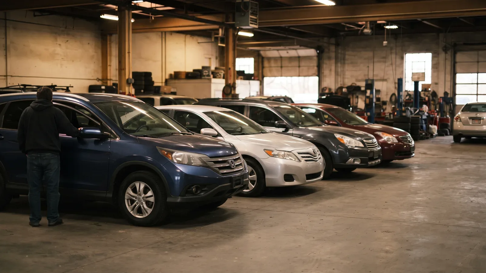 A row of used cars in an indoor showroom on Long Island, warm interior lighting, photorealistic wide shot