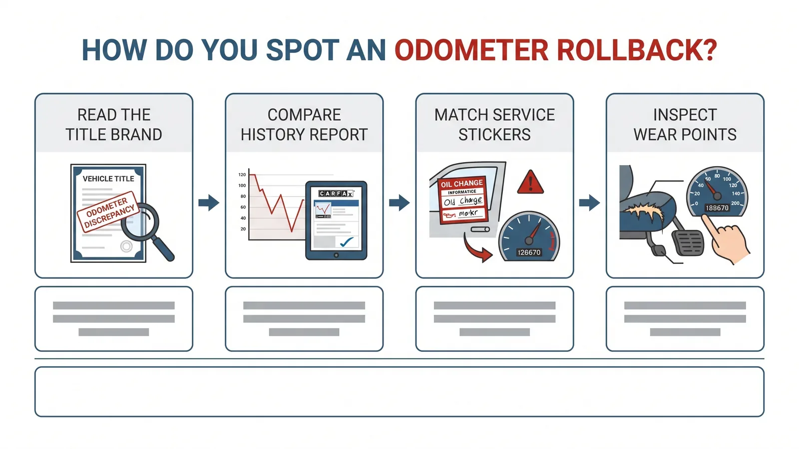Flowchart of the four-step mileage check: read the title brand, compare the history report timeline, match service stickers to the dashboard, then inspect wear points