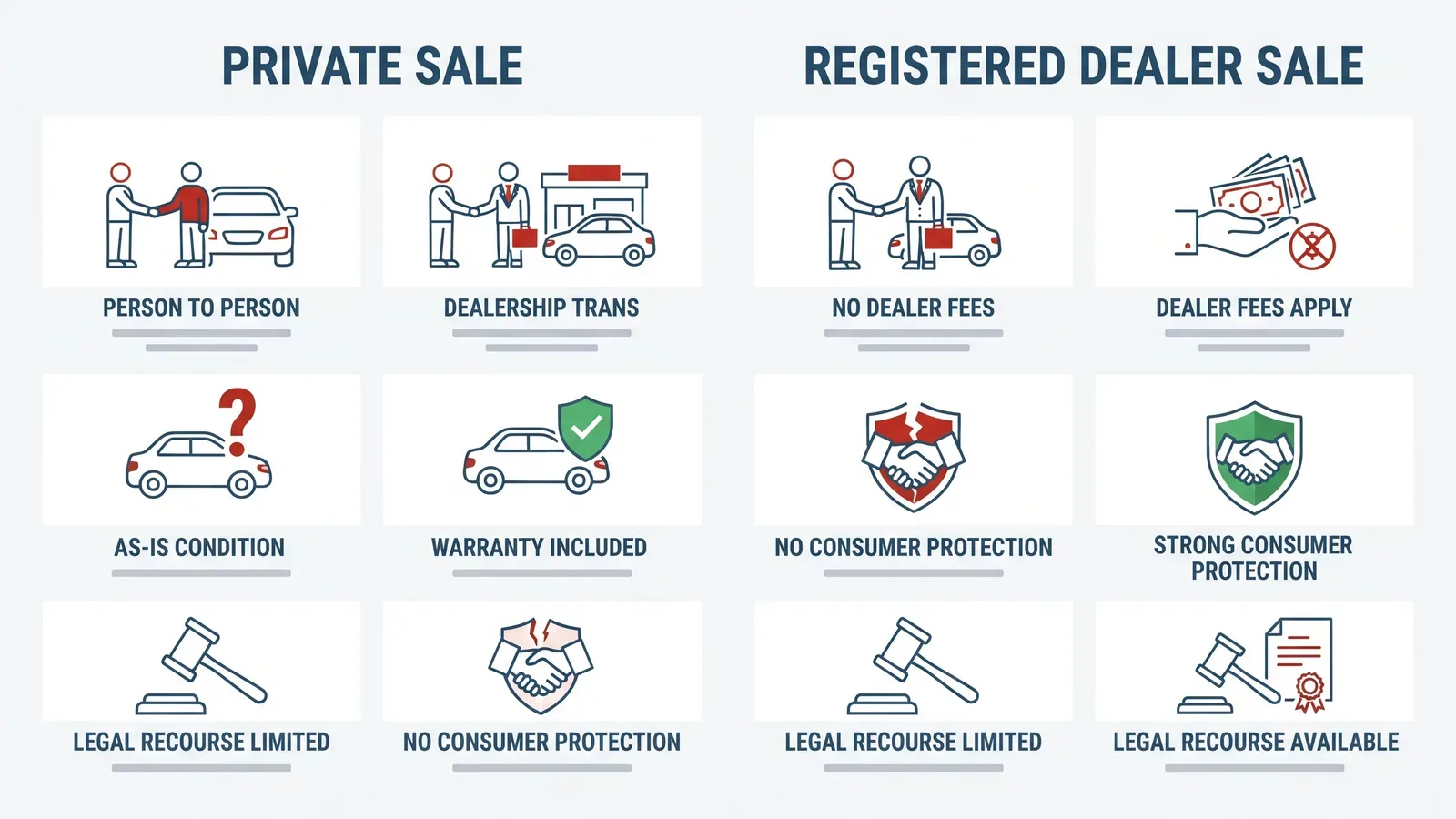 Side-by-side comparison of a private sale and a registered dealer sale showing which consumer protections apply to each, navy and red flat design