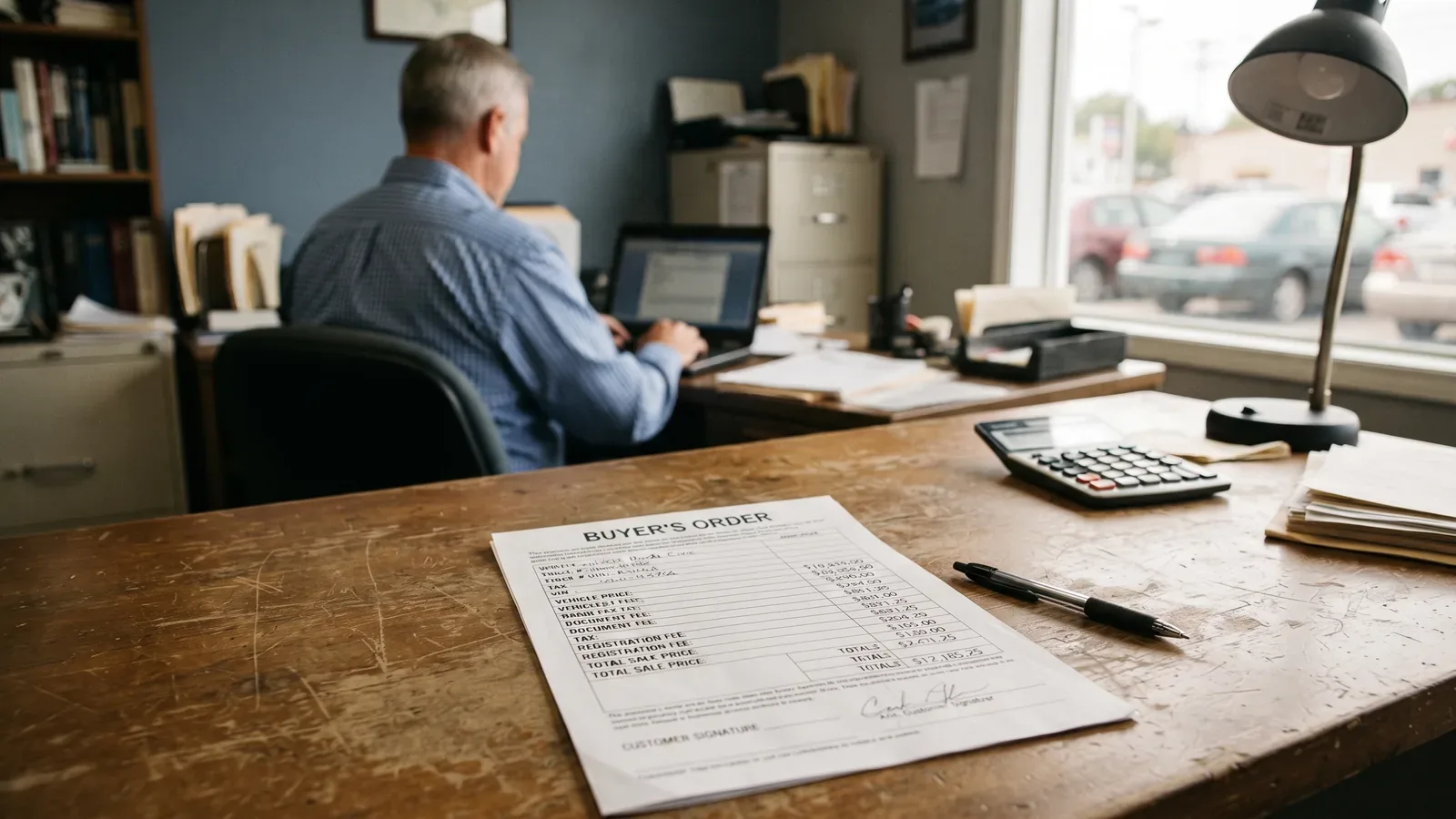 A used car buyer's order on a desk, itemized fee lines visible